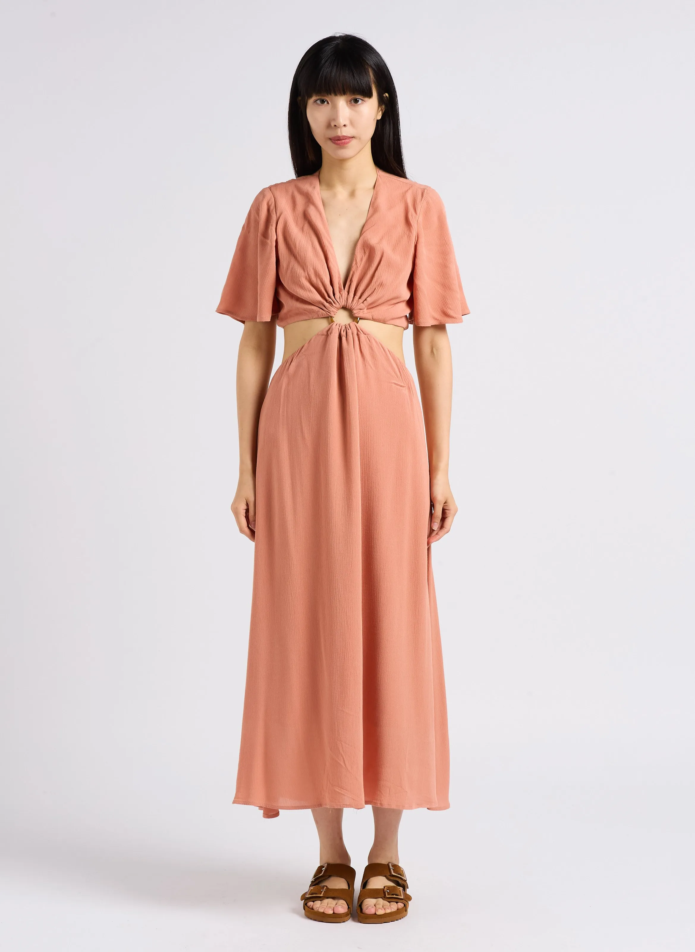 MARIE SIXTINE OLFA - Vestido midi estampado con cuello de pico en rosa